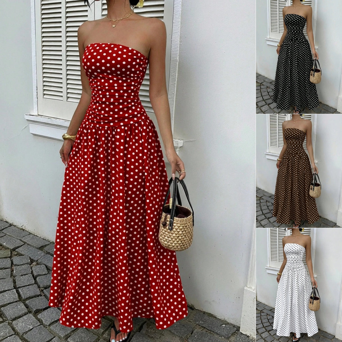 Parisian Polka Dot Off-Shoulder Vacation Maxi Dress