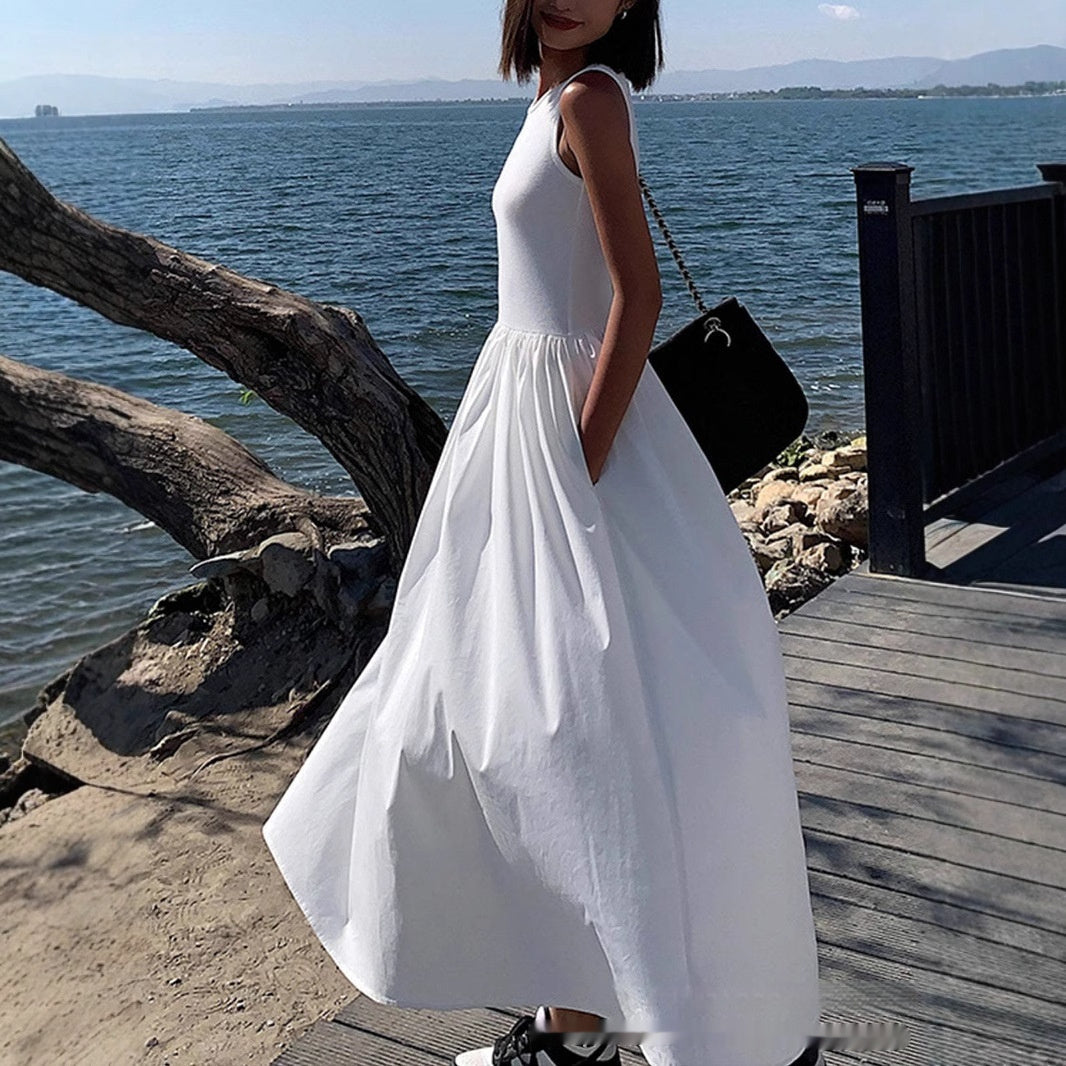 Patchwork Sleeveless Summer Maxi Dress – Slim Fit Long Patchwork Skirt, Boho Flowy Vacation Dress for Women