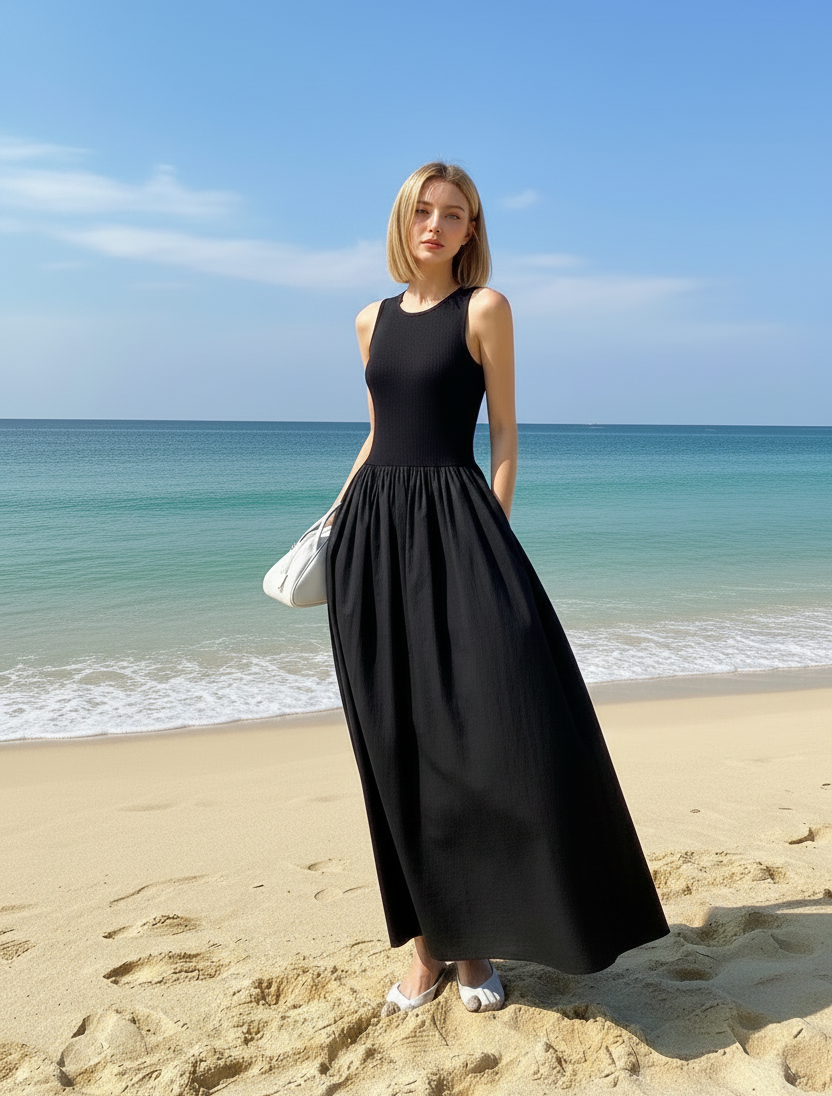 Patchwork Sleeveless Summer Maxi Dress – Slim Fit Long Patchwork Skirt, Boho Flowy Vacation Dress for Women