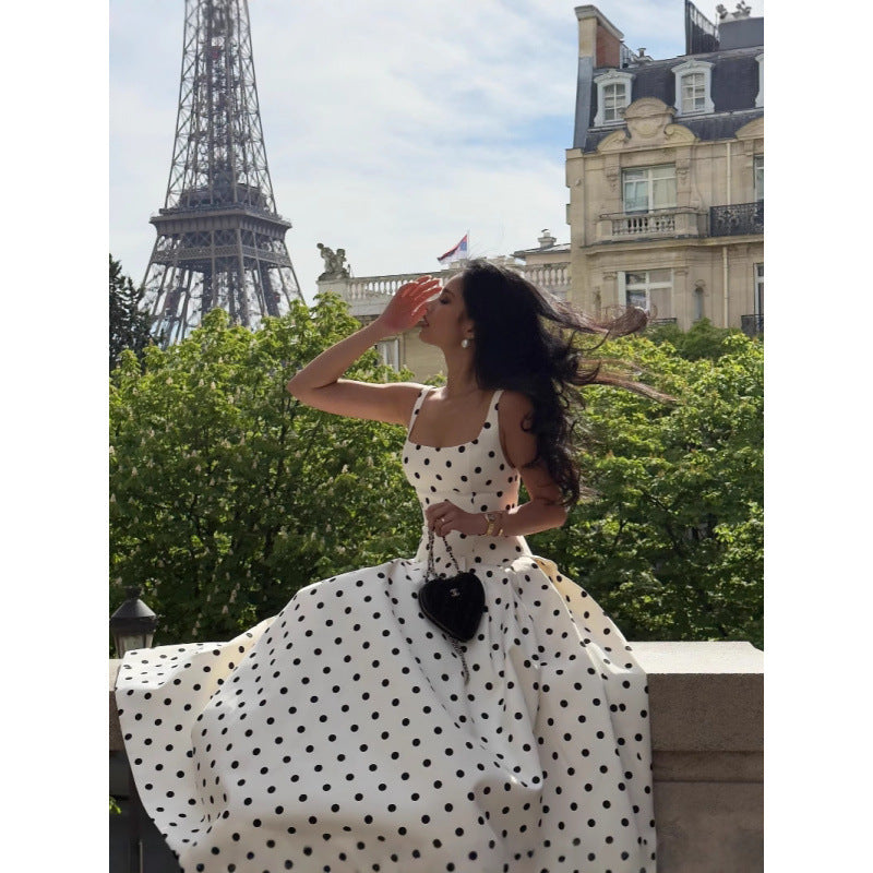 Collar Polka-dot Cinched Pleated Large Swing Sling Dress