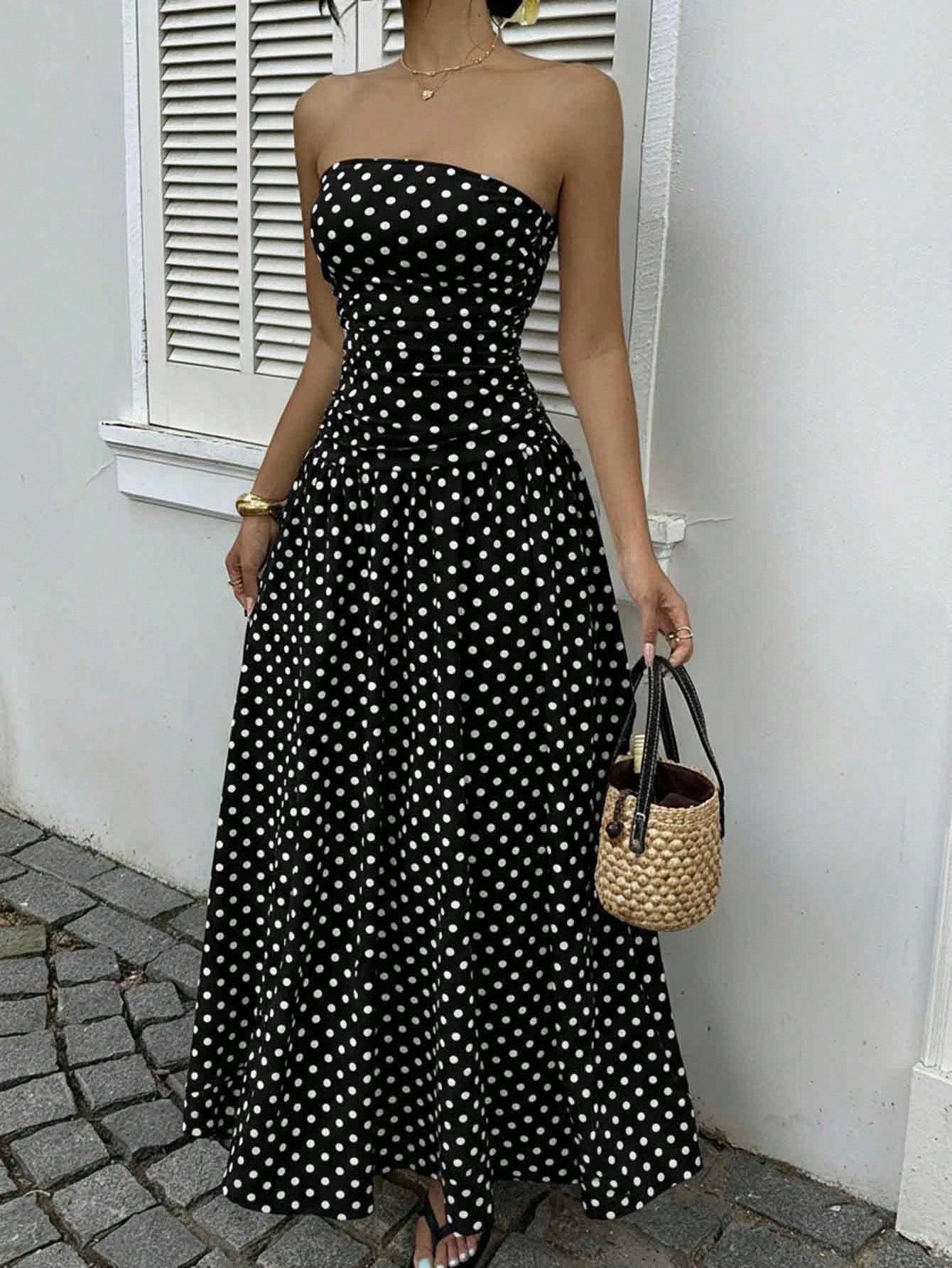 Parisian Polka Dot Off-Shoulder Vacation Maxi Dress