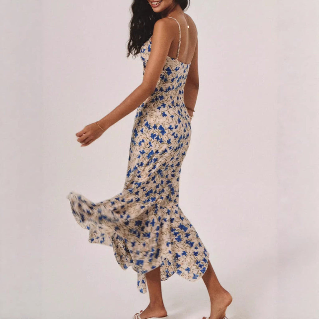 Floral Slip Dress – Beach Style Waist Cinching Elegant Summer Maxi, Flowy Vacation Sundress for Women