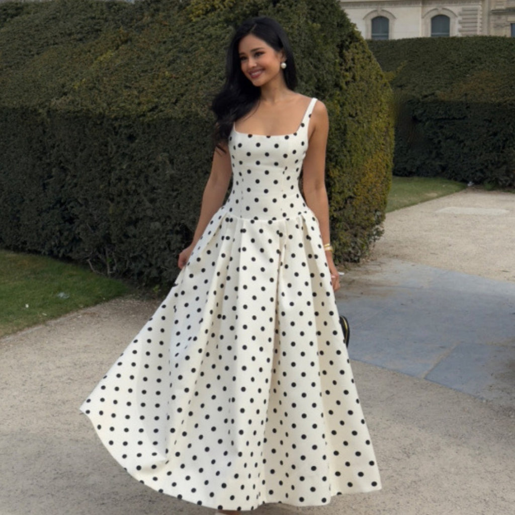 Collar Polka-dot Cinched Pleated Large Swing Sling Dress
