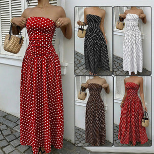 Parisian Polka Dot Off-Shoulder Vacation Maxi Dress