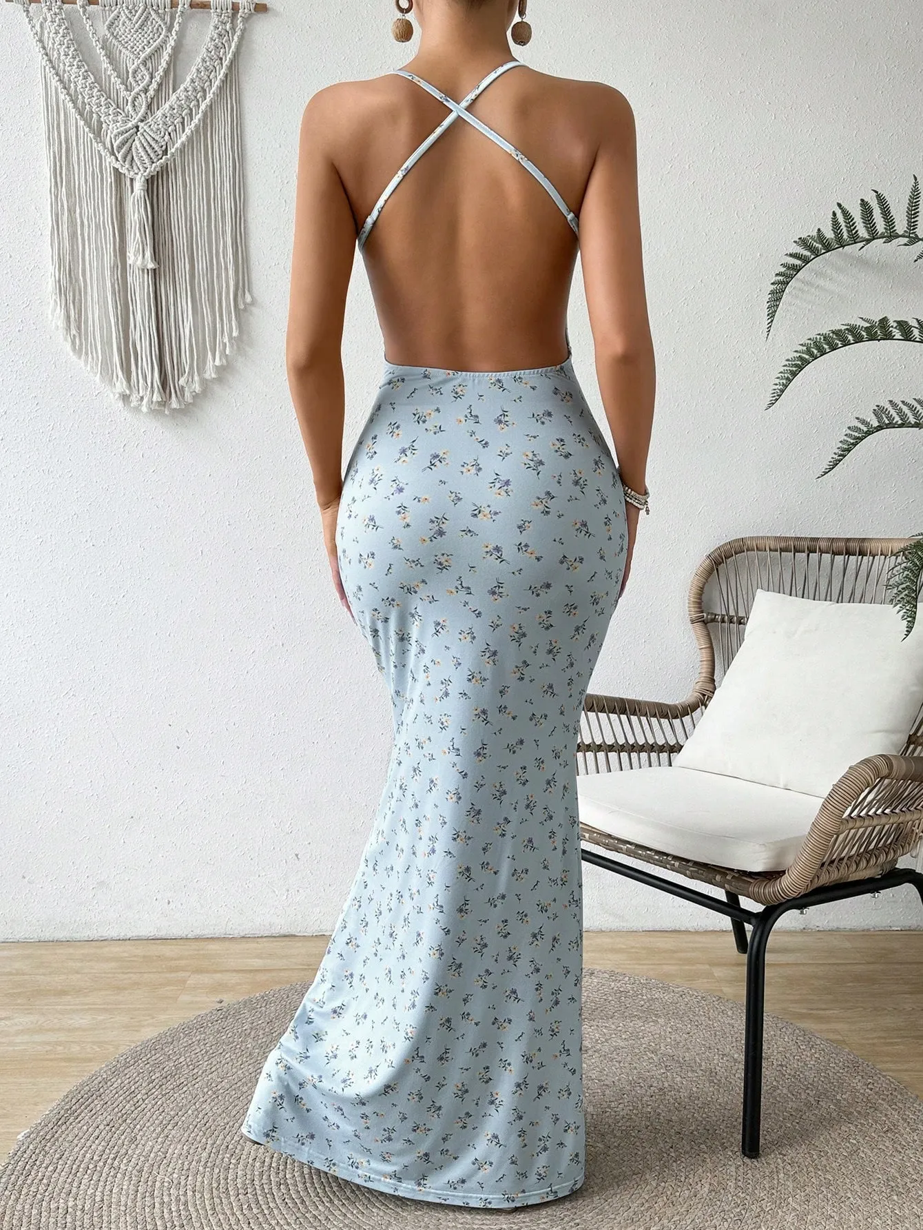 Sky Blue Backless Strappy Dress High Waisted Summer Midi, Trendy Vacation Night Out Dress