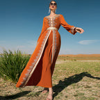 Orange Hand Sewing Drill Stitching Lace Women Dress