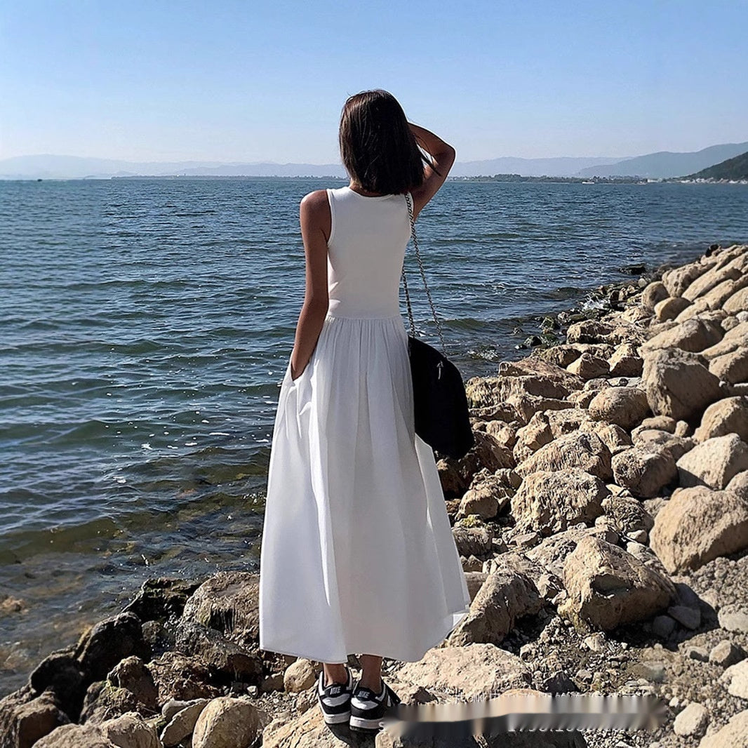 Patchwork Sleeveless Summer Maxi Dress – Slim Fit Long Patchwork Skirt, Boho Flowy Vacation Dress for Women
