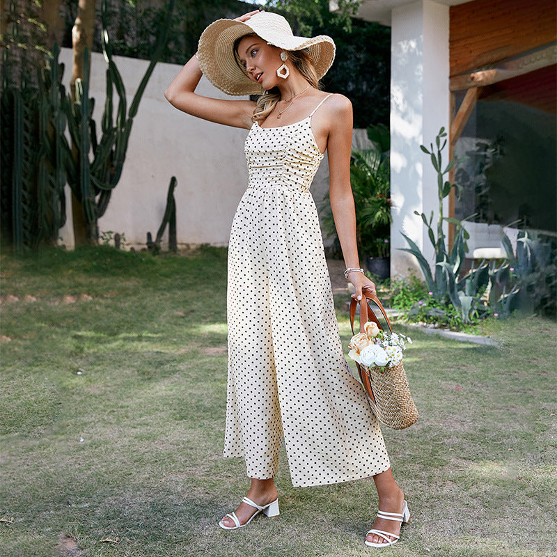 Sleeveless Polka Dot Ethnic Chiffon Commuter Loose Jumpsuit