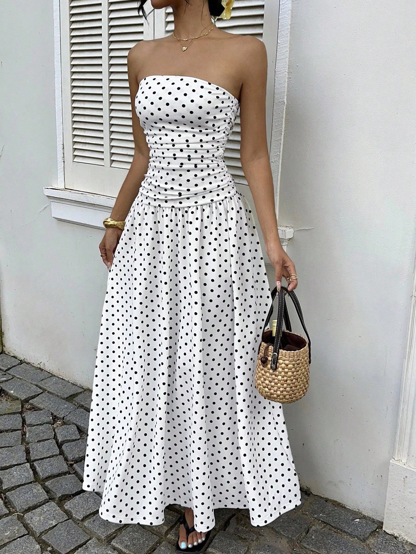 Parisian Polka Dot Off-Shoulder Vacation Maxi Dress