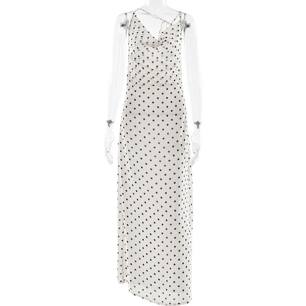 Polka Dot Chiffon Backless Swing Dress – Sleeveless Flowy Summer Maxi, Flirty Vacation Beach Outfit