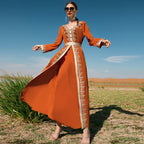 Orange Hand Sewing Drill Stitching Lace Women Dress