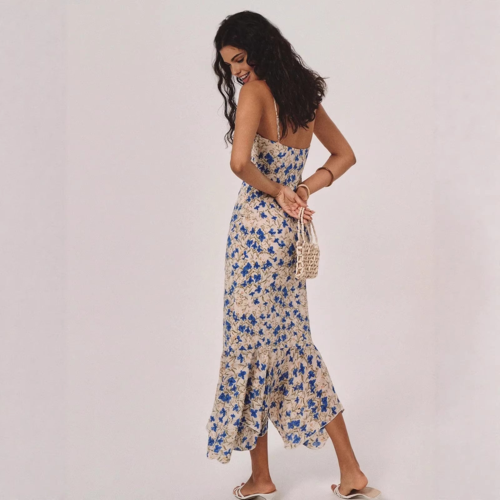 Floral Slip Dress – Beach Style Waist Cinching Elegant Summer Maxi, Flowy Vacation Sundress for Women