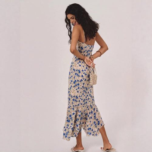Floral Slip Dress – Beach Style Waist Cinching Elegant Summer Maxi, Flowy Vacation Sundress for Women