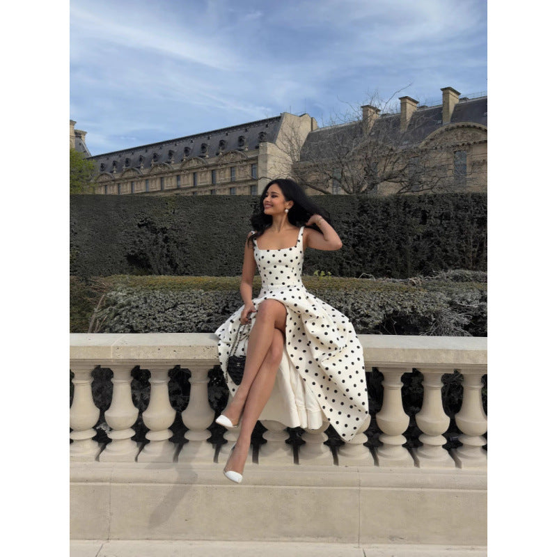 Collar Polka-dot Cinched Pleated Large Swing Sling Dress