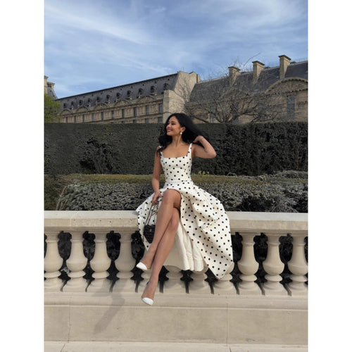 Collar Polka-dot Cinched Pleated Large Swing Sling Dress