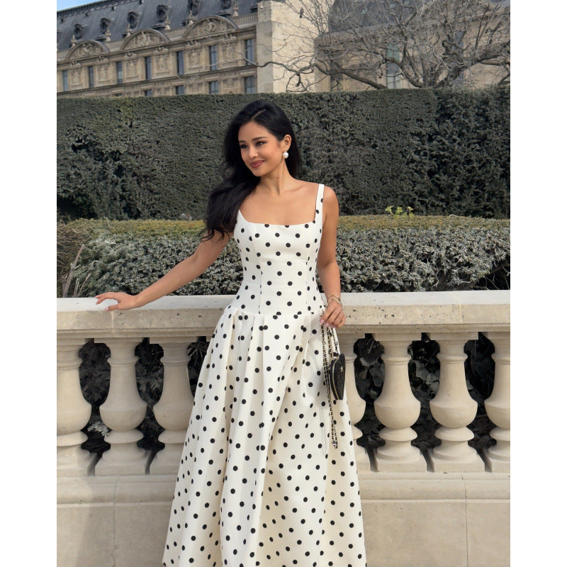 Collar Polka-dot Cinched Pleated Large Swing Sling Dress
