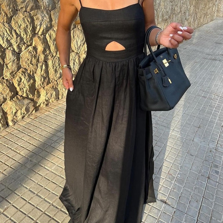 Women's French Style Long Black Slip Dress