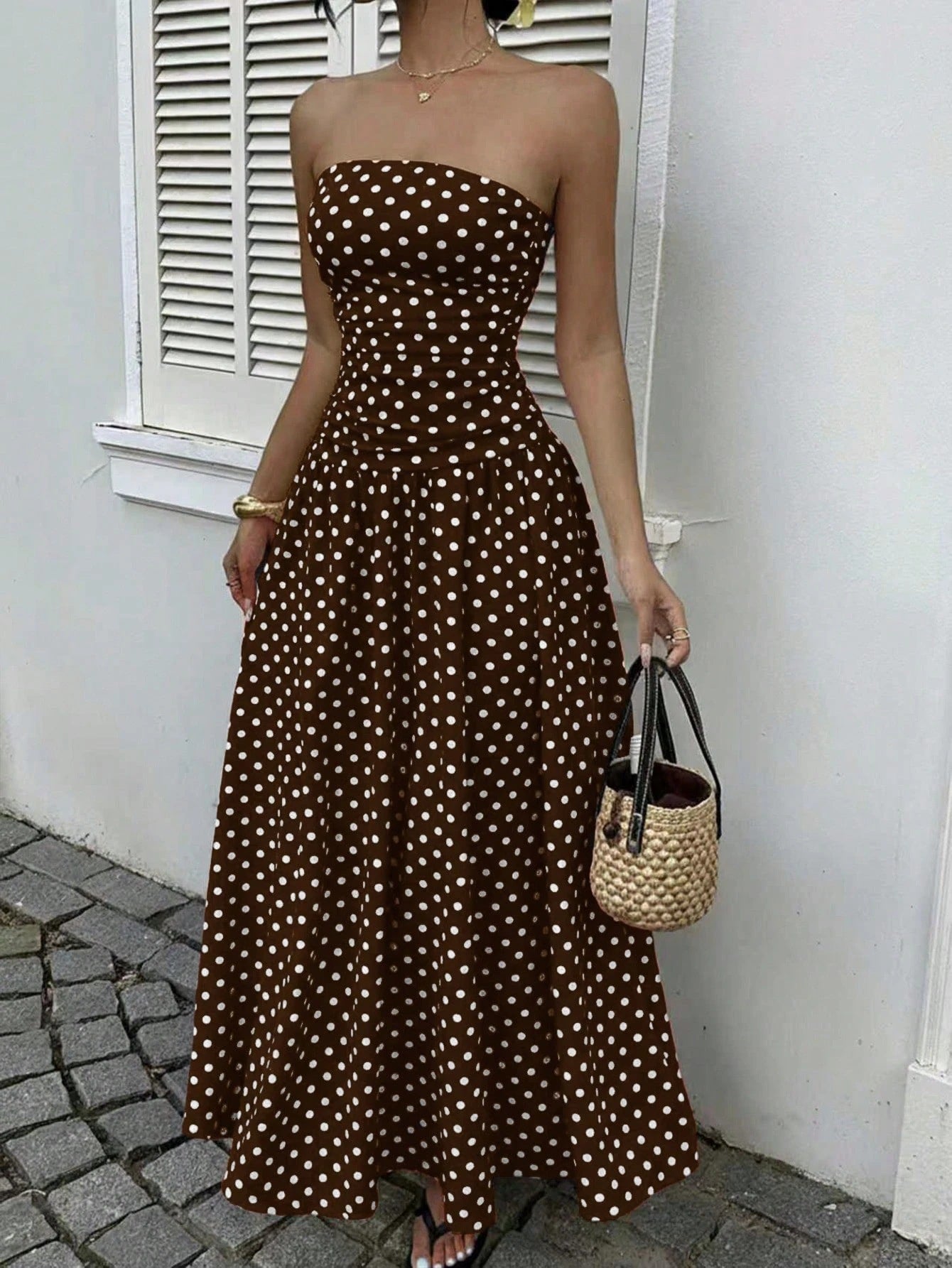 Parisian Polka Dot Off-Shoulder Vacation Maxi Dress