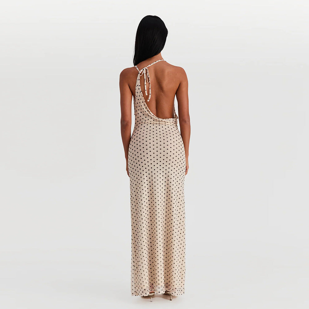 Polka Dot Chiffon Backless Swing Dress – Sleeveless Flowy Summer Maxi, Flirty Vacation Beach Outfit