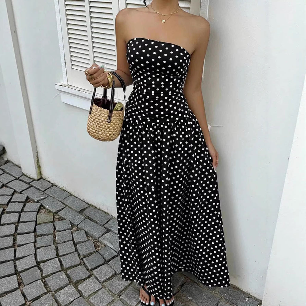 Parisian Polka Dot Off-Shoulder Vacation Maxi Dress