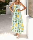 High Waist Floral Print Spaghetti Strap Maxi Dress
