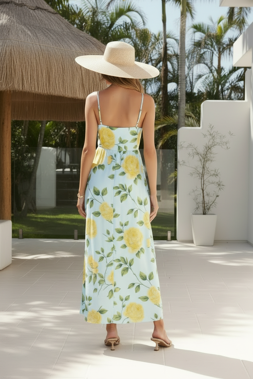 High Waist Floral Print Spaghetti Strap Maxi Dress