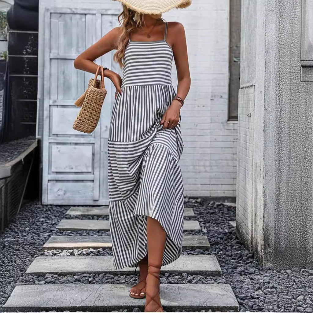 European And American Printed Sling Bohemian Stitching Dress