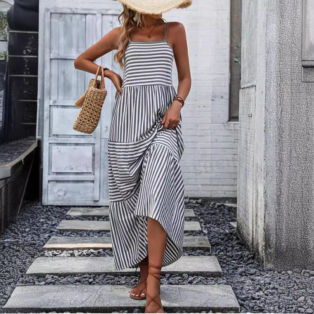 European And American Printed Sling Bohemian Stitching Dress