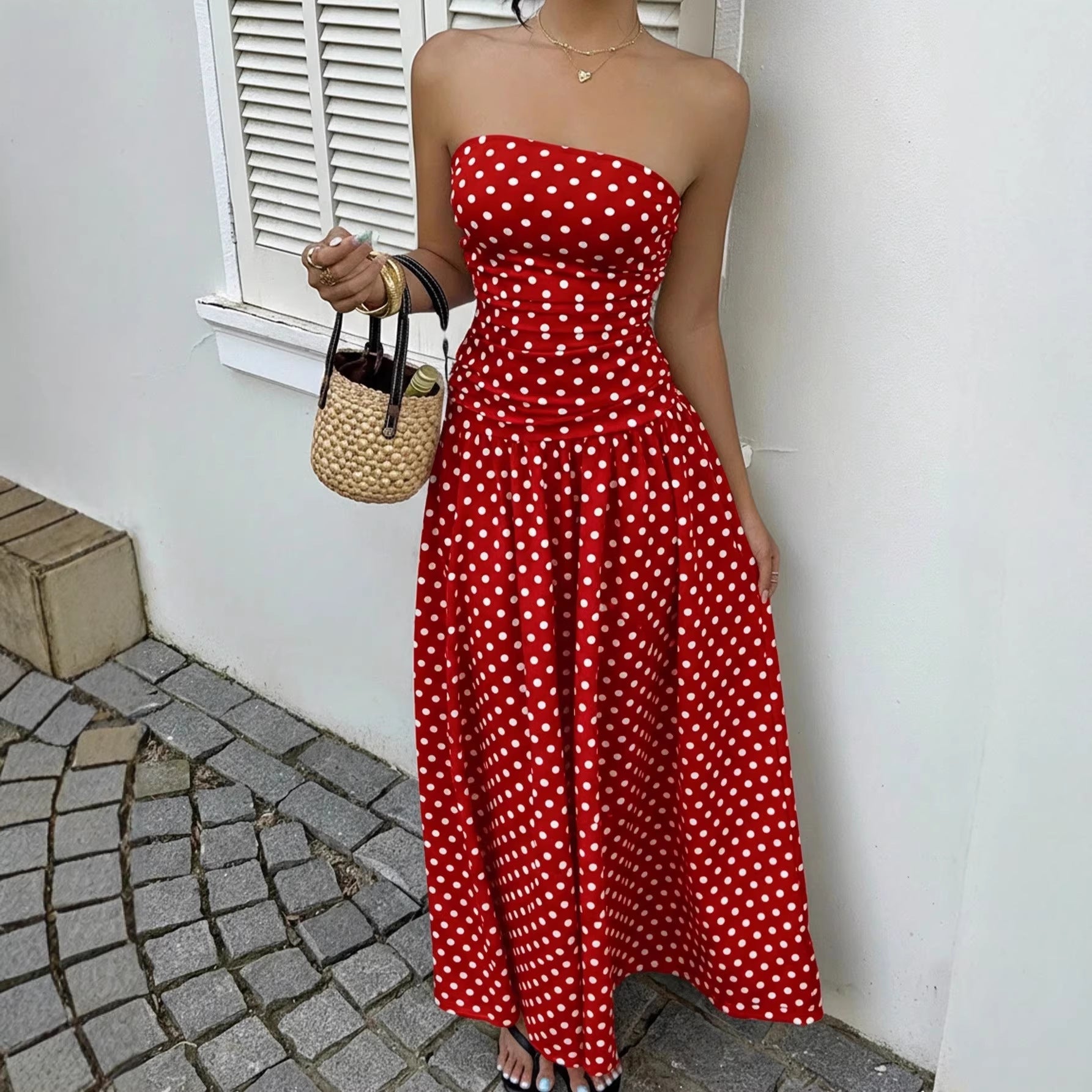 Parisian Polka Dot Off-Shoulder Vacation Maxi Dress