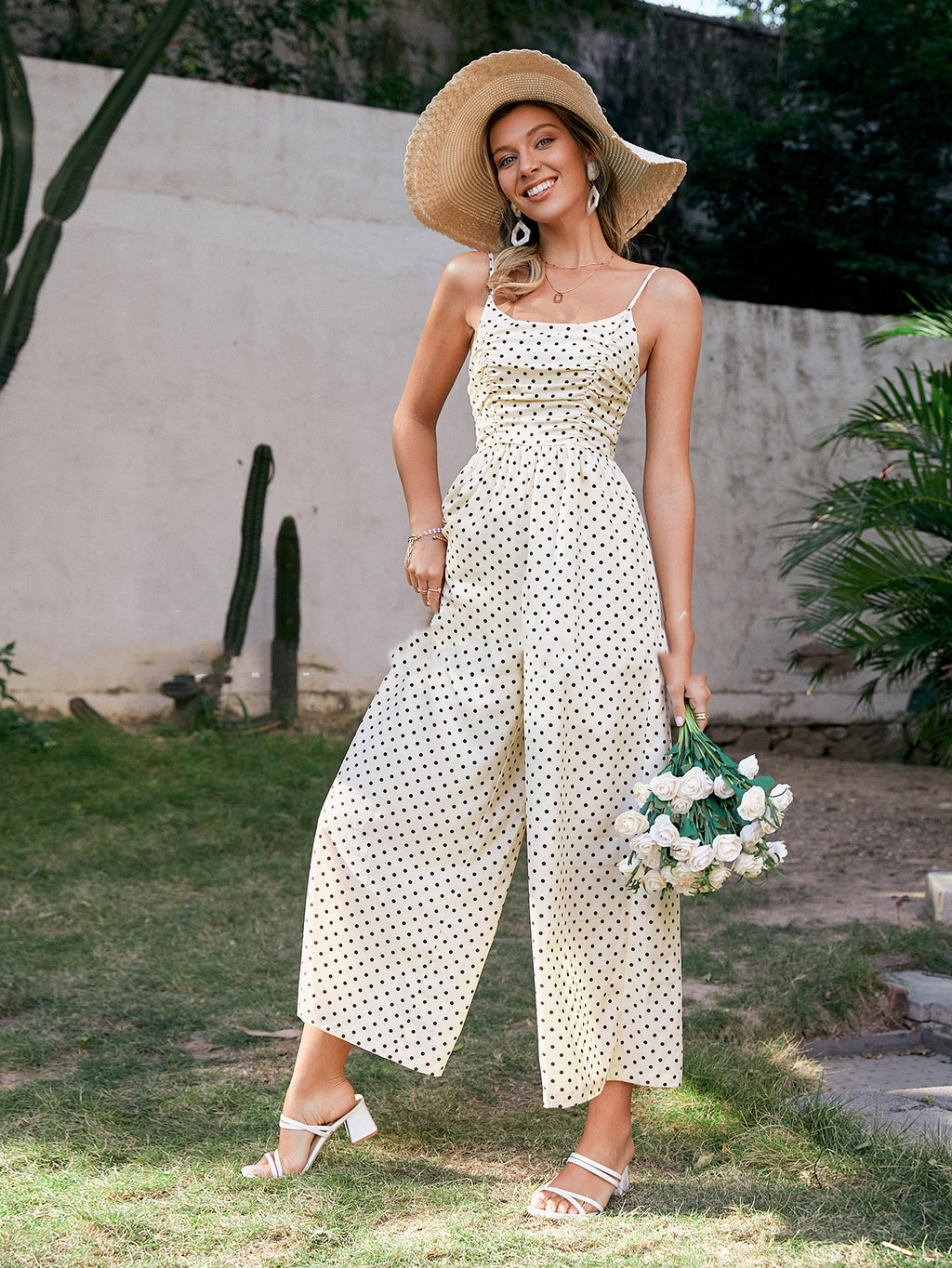 Sleeveless Polka Dot Ethnic Chiffon Commuter Loose Jumpsuit