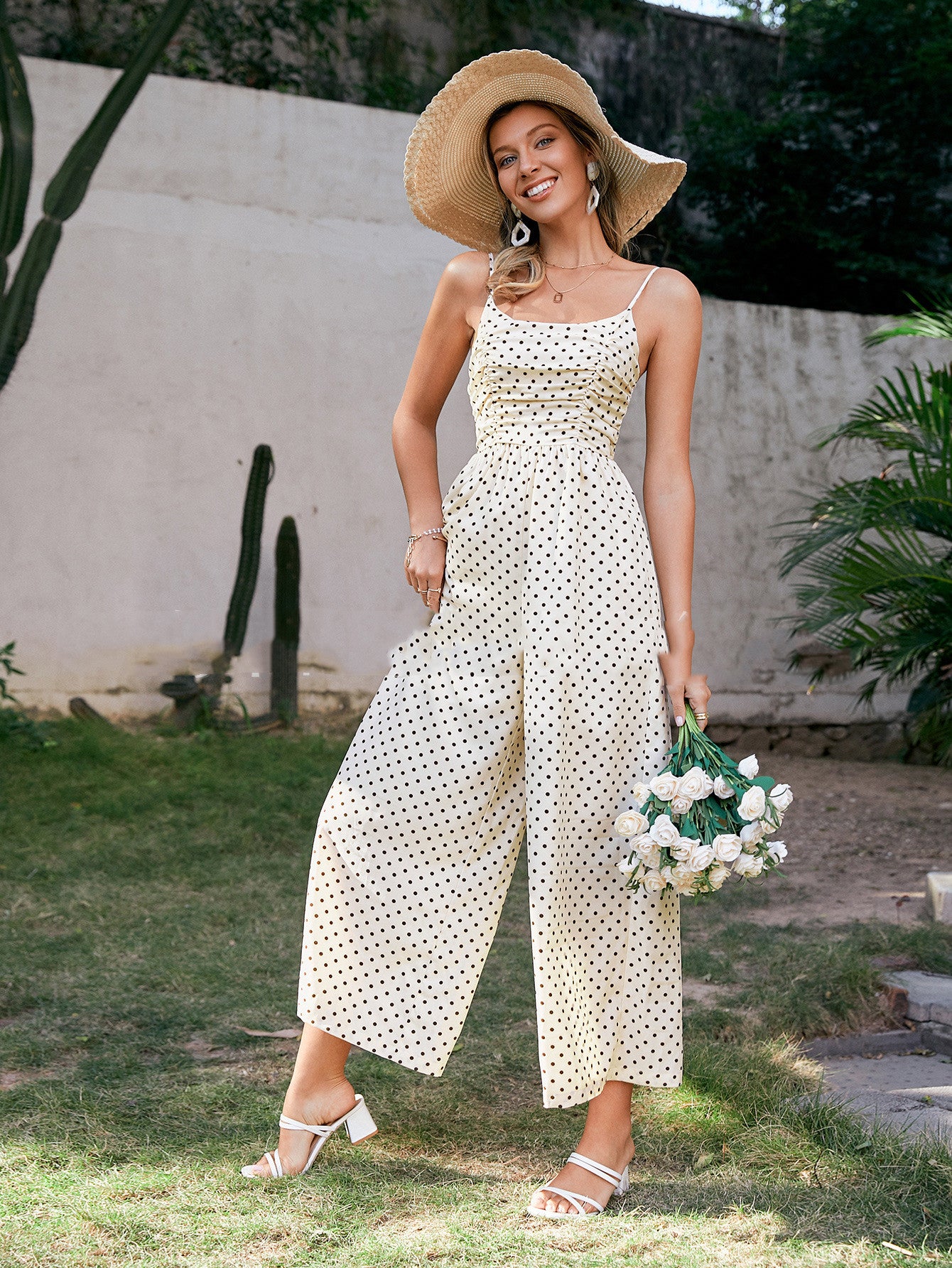 Sleeveless Polka Dot Ethnic Chiffon Commuter Loose Jumpsuit