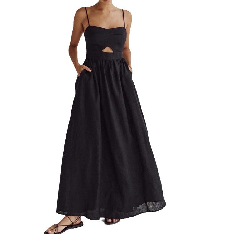 Women's French Style Long Black Slip Dress