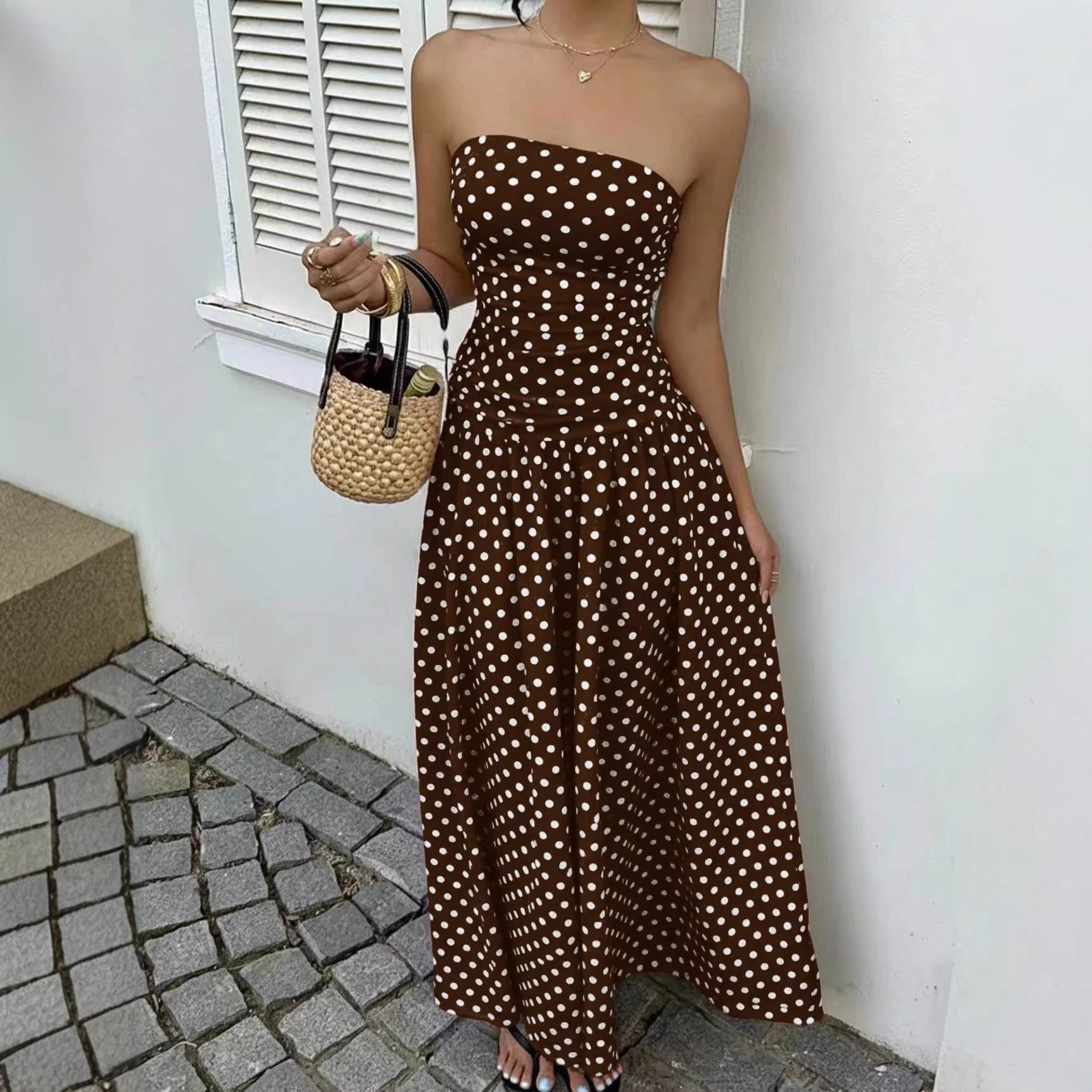 Parisian Polka Dot Off-Shoulder Vacation Maxi Dress