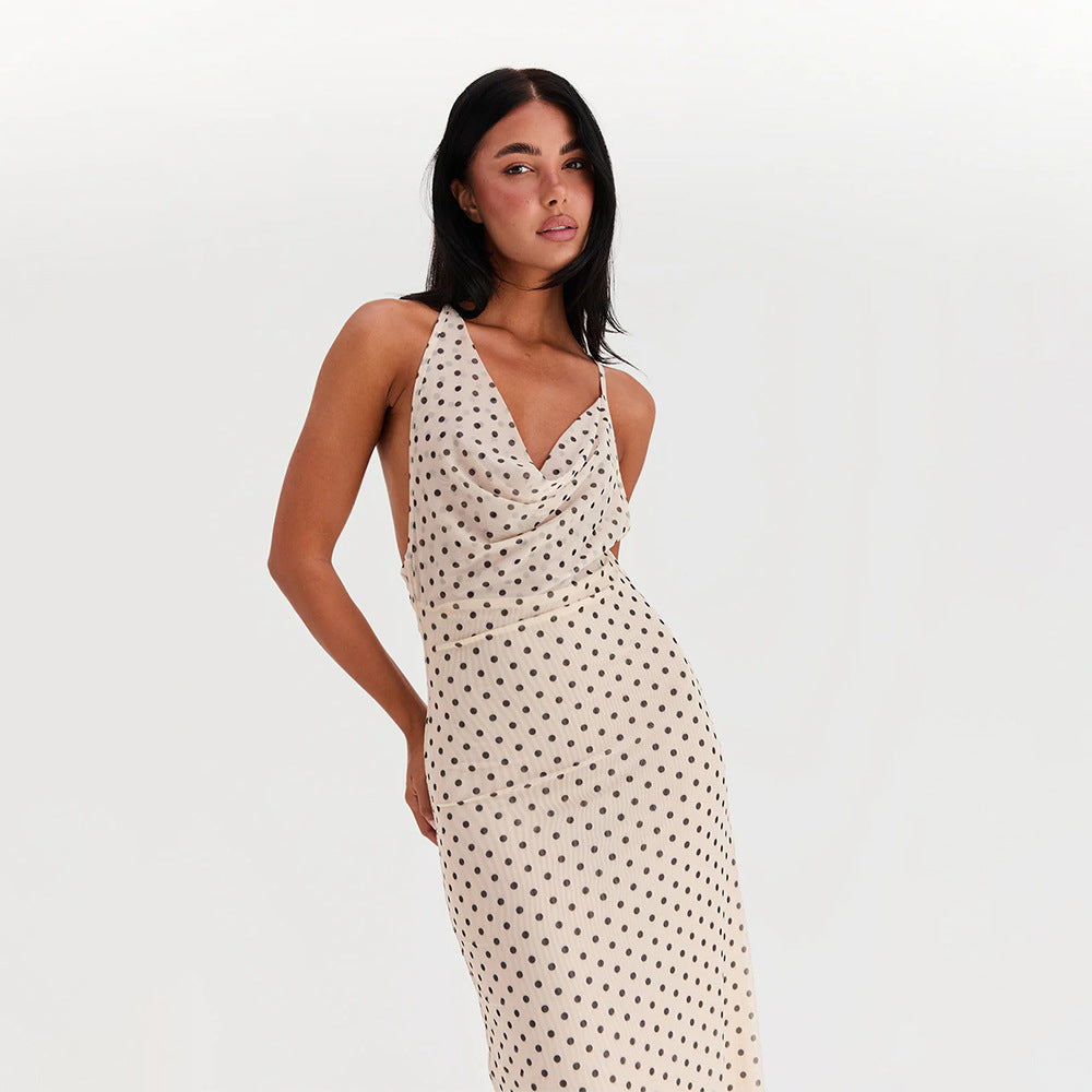 Polka Dot Chiffon Backless Swing Dress – Sleeveless Flowy Summer Maxi, Flirty Vacation Beach Outfit