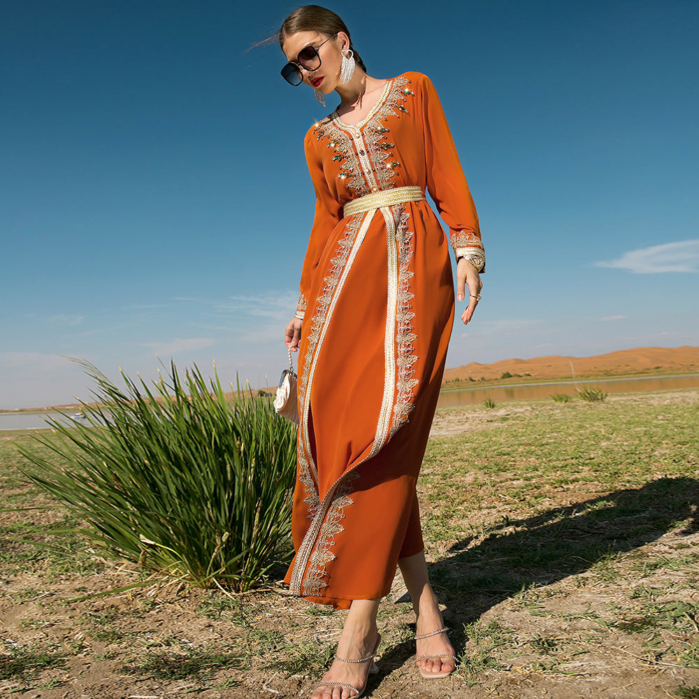 Orange Hand Sewing Drill Stitching Lace Women Dress