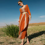 Orange Hand Sewing Drill Stitching Lace Women Dress