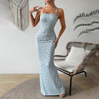 Sky Blue Backless Strappy Dress High Waisted Summer Midi, Trendy Vacation Night Out Dress