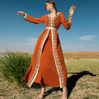 Orange Hand Sewing Drill Stitching Lace Women Dress