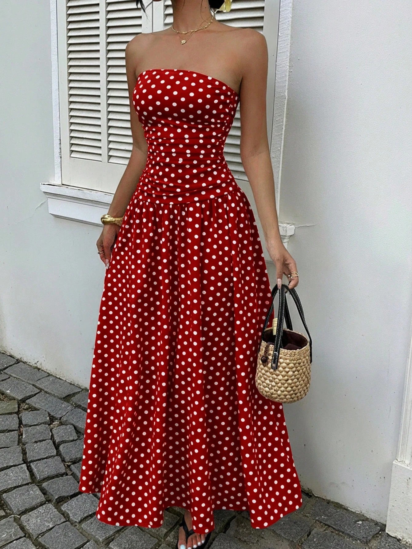 Parisian Polka Dot Off-Shoulder Vacation Maxi Dress