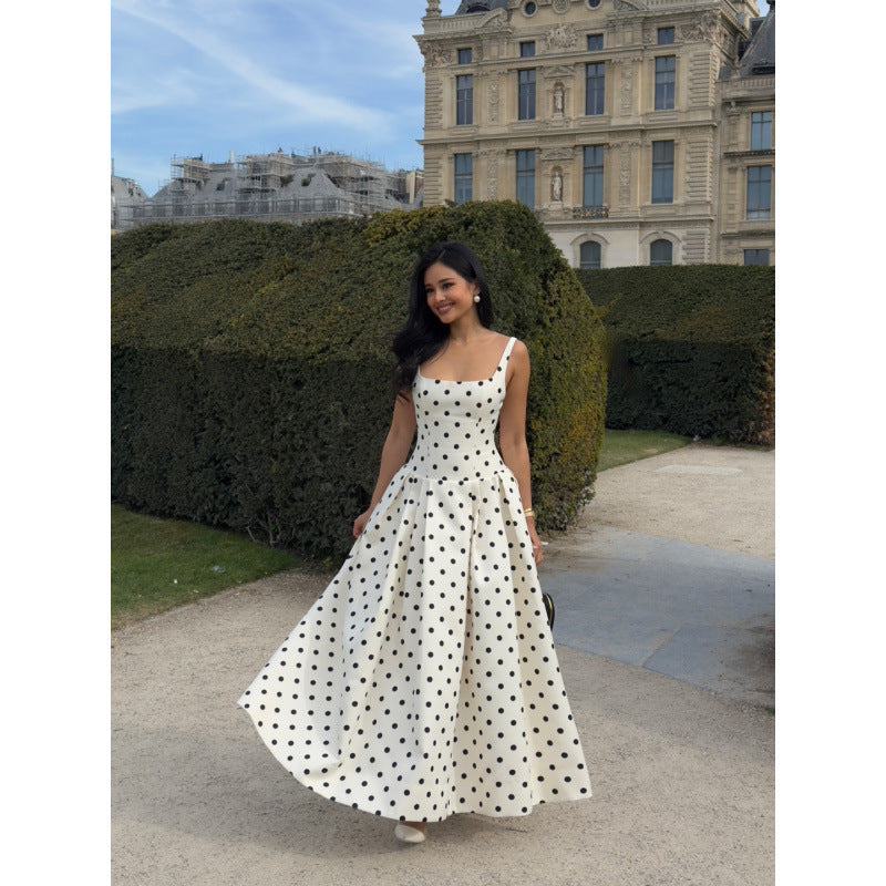 Collar Polka-dot Cinched Pleated Large Swing Sling Dress